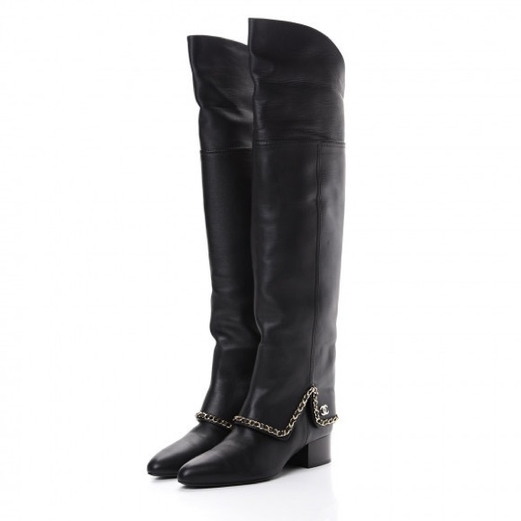 Chanel black leather knee high boots 39,5 g chain - Picture 16 of 16